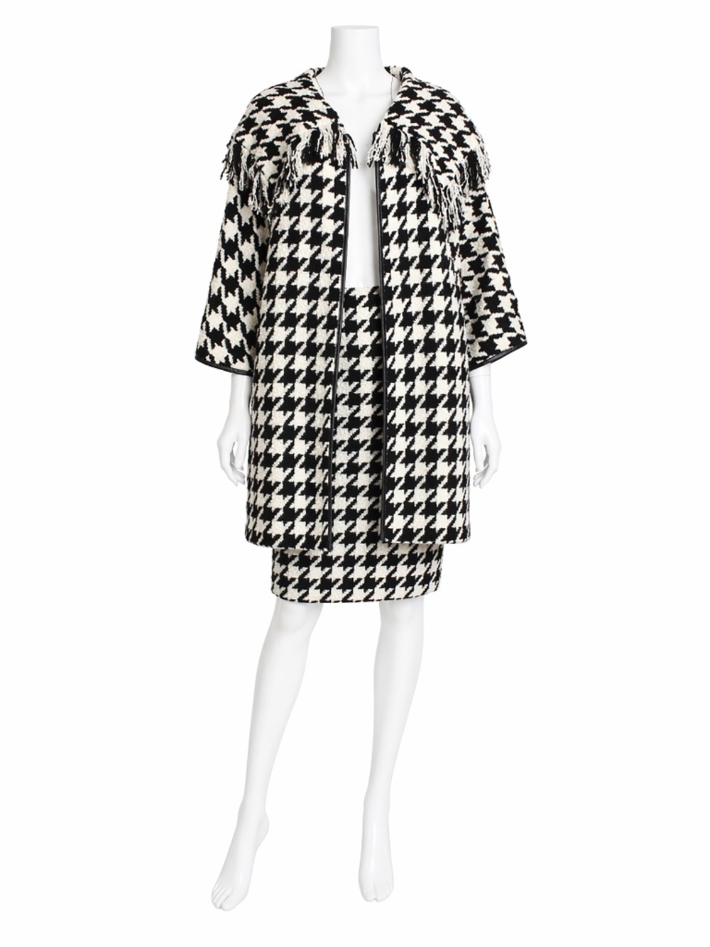 Bonnie Cashin for Sills Houndstooth Bouclé Wool Coat & Skirt Fringe Shawl Collar